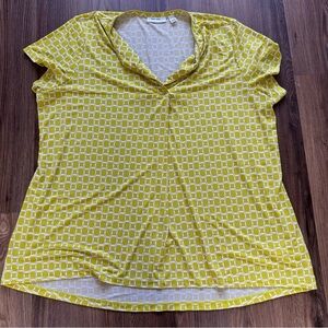 Susan Graver Short Sleeve Printed Blouse XL Yellow Geometric Liquid Knit‎ Shirt